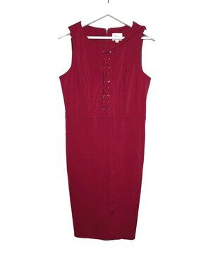 ECI Women Medium Red Midi Sheath Dress Sleeveless Lace Up Stretch Work